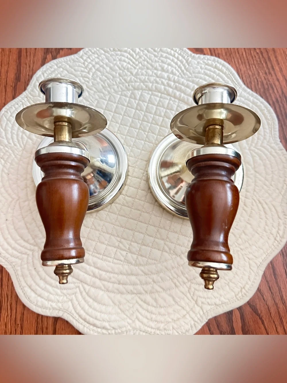 Pair of vintage metal/wood wall candle sconces